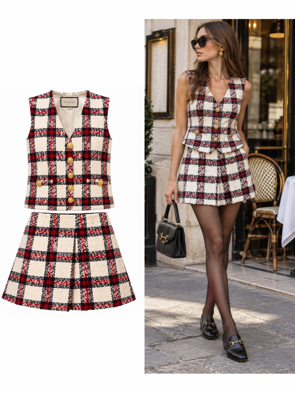 Gucci Red Plaid Tweed Vest Mini Skirt 2 Piece Set IT40 IT44 Matching Classic 🟠